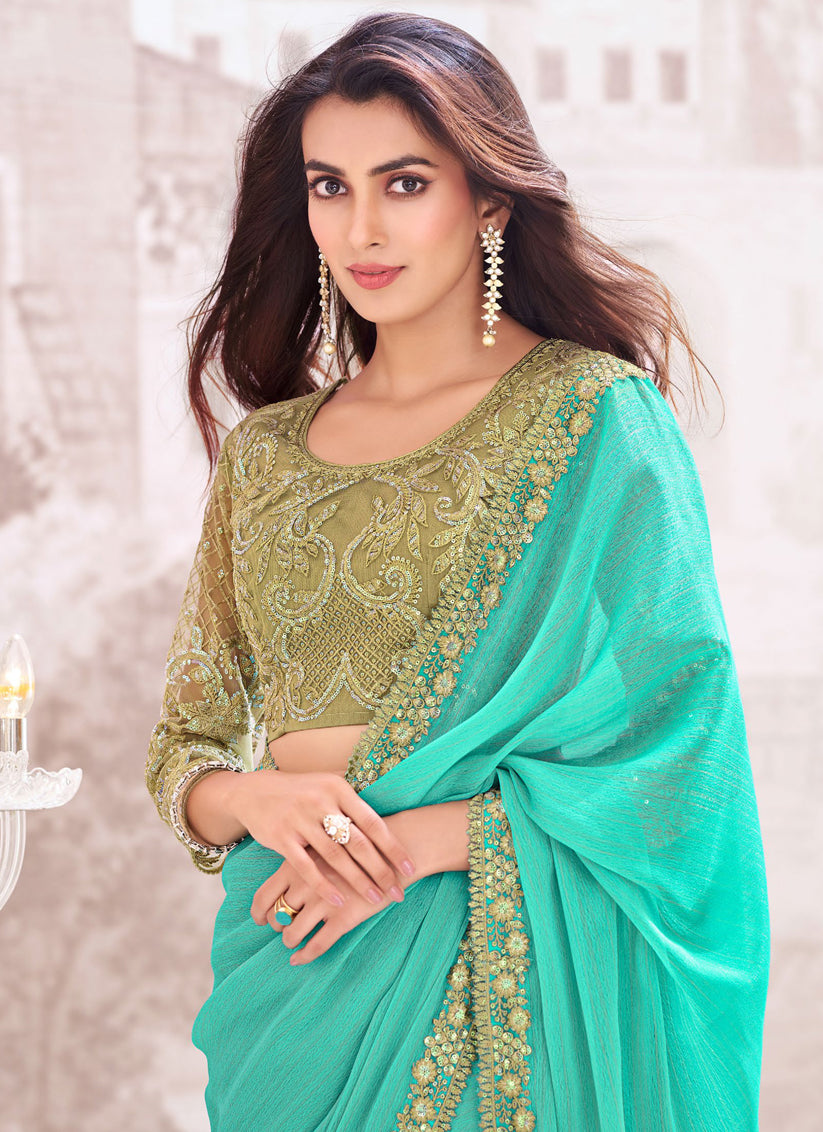 Turquoise Georgette Shimmer Saree with Embroidered Blouse