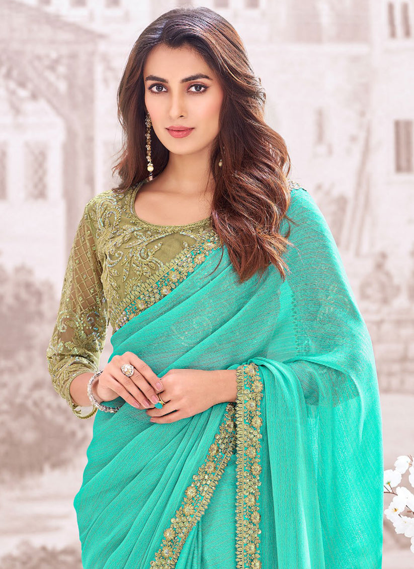 Turquoise Georgette Shimmer Saree with Embroidered Blouse