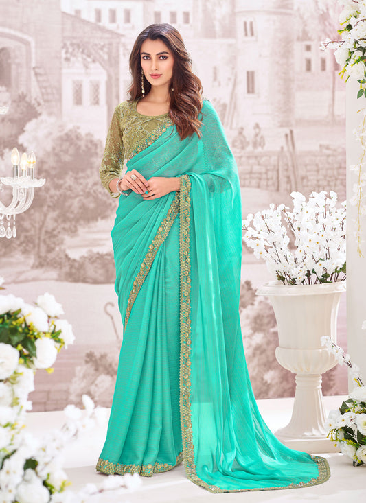 Turquoise Georgette Shimmer Saree with Embroidered Blouse