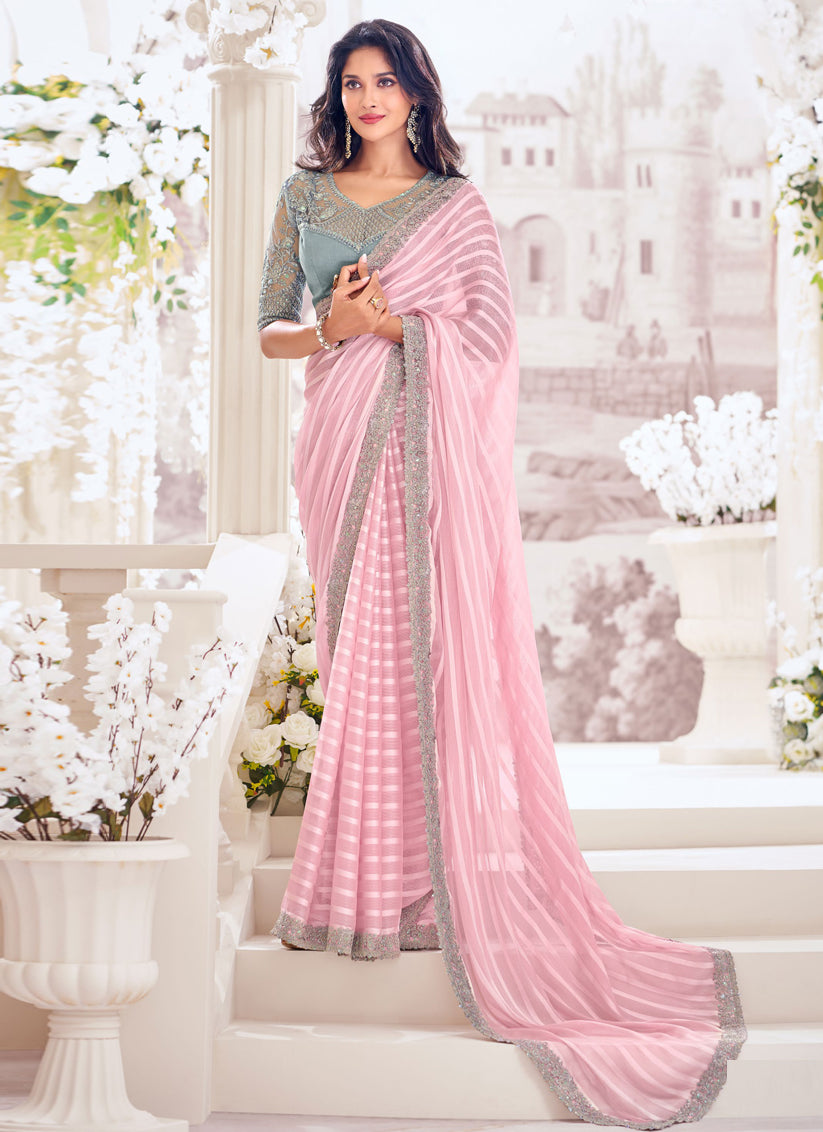 Rose Pink Georgette Satin Stripe Saree with Embroidered Blouse