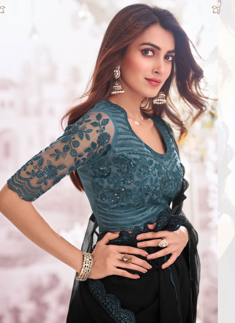 Black Chiffon Saree with Embroidered Blouse