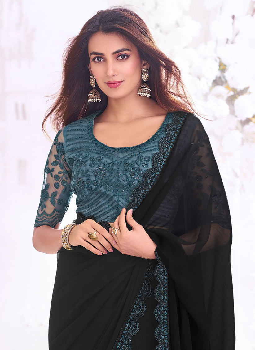 Black Chiffon Saree with Embroidered Blouse