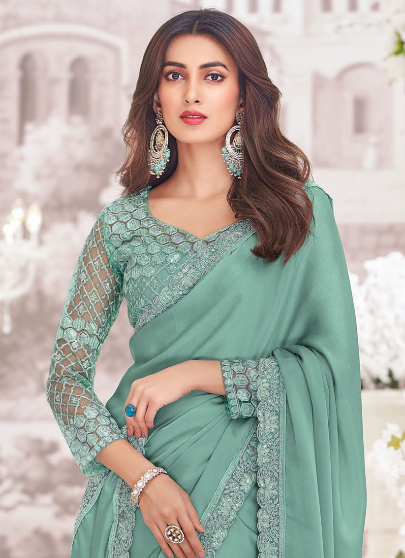 Teal Mint Satin Saree with Embroidered Blouse