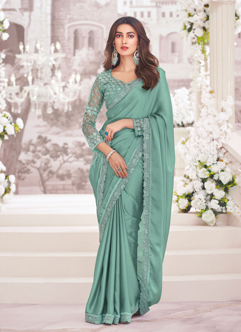 Teal Mint Satin Saree with Embroidered Blouse