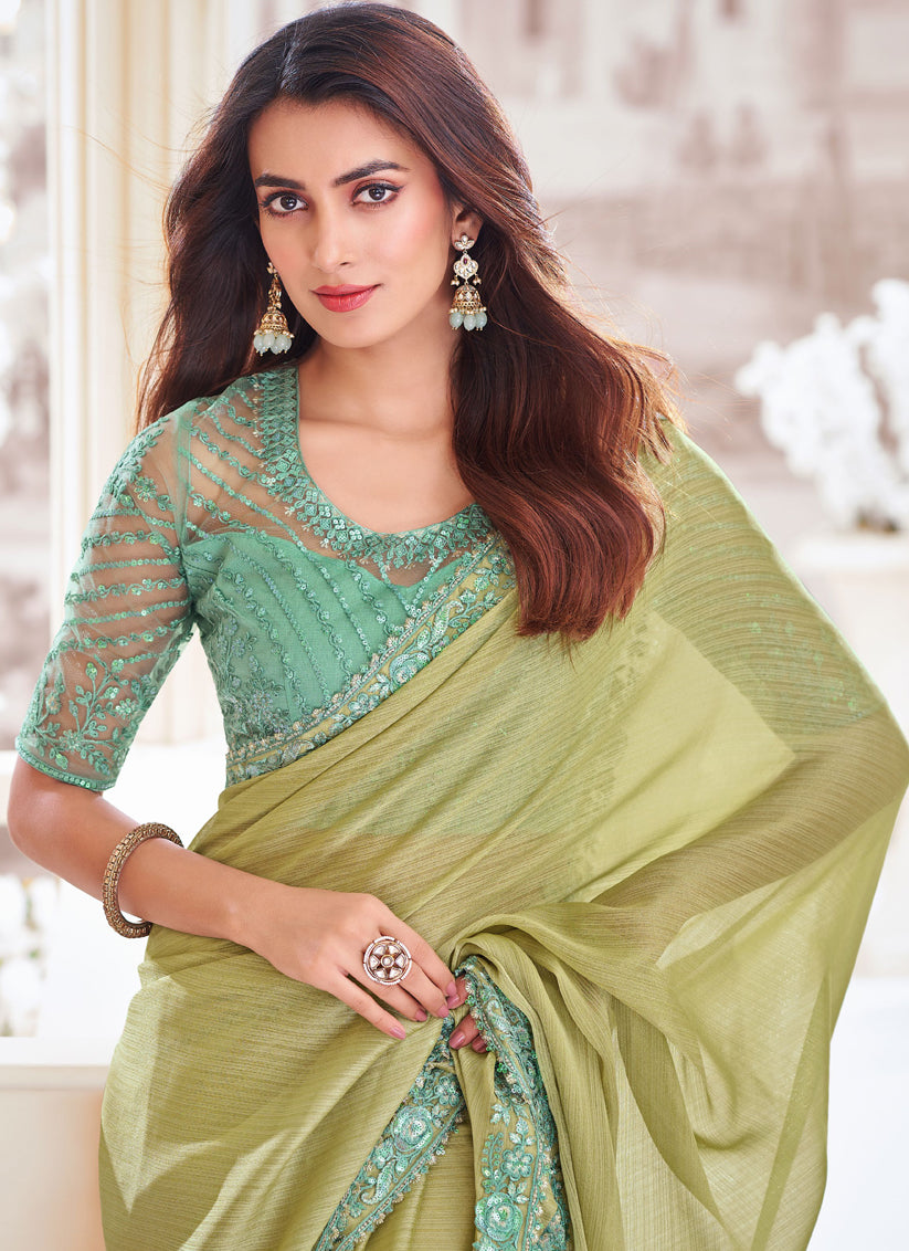 Pastel Olive Georgette Shimmer Saree with Embroidered Blouse