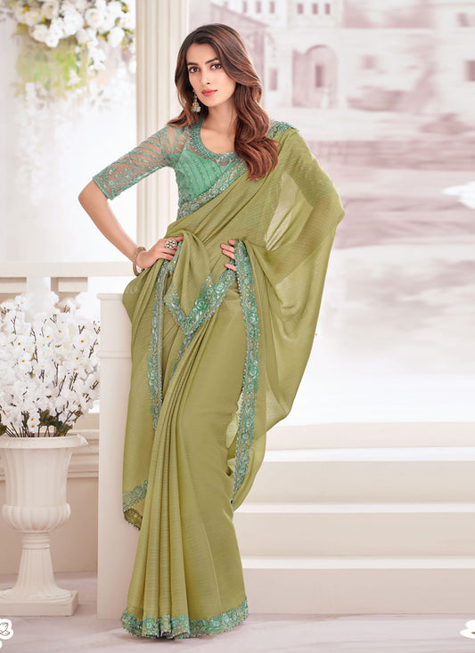 Pastel Olive Georgette Shimmer Saree with Embroidered Blouse