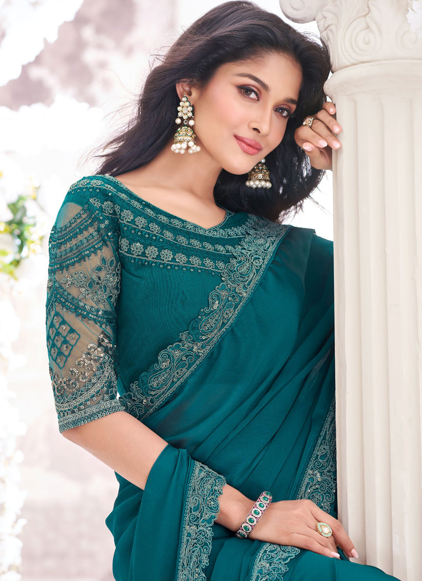 Morpich Georgette Saree with Embroidered Blouse