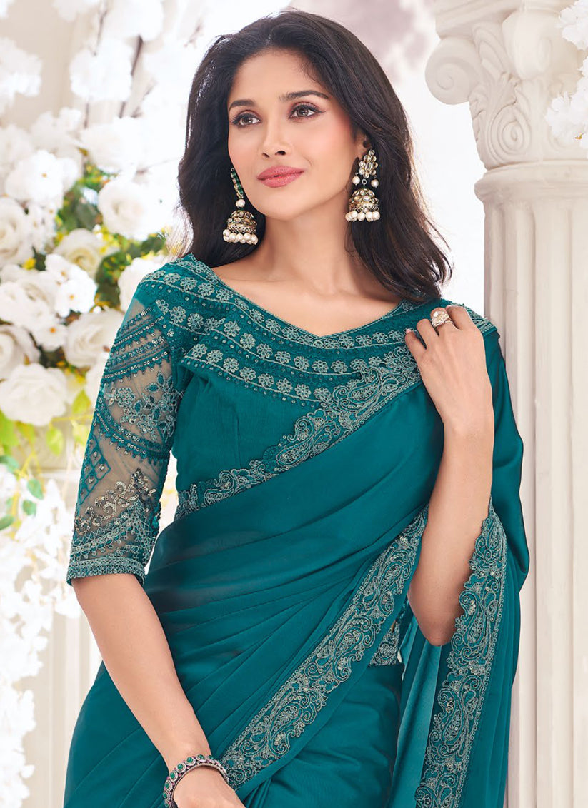 Morpich Georgette Saree with Embroidered Blouse