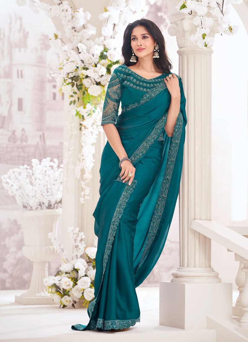 Morpich Georgette Saree with Embroidered Blouse