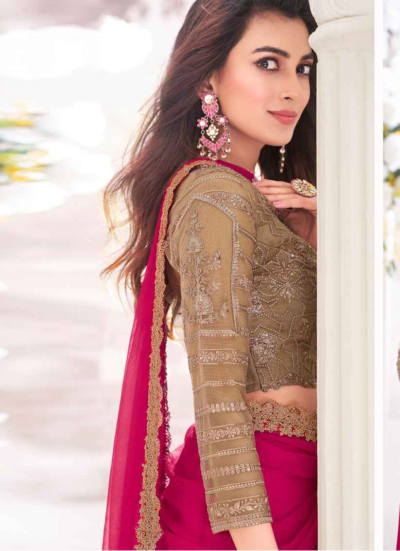 Raspberry Pink Chiffon Saree with Embroidered Blouse