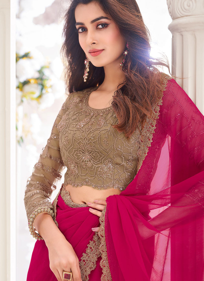 Raspberry Pink Chiffon Saree with Embroidered Blouse