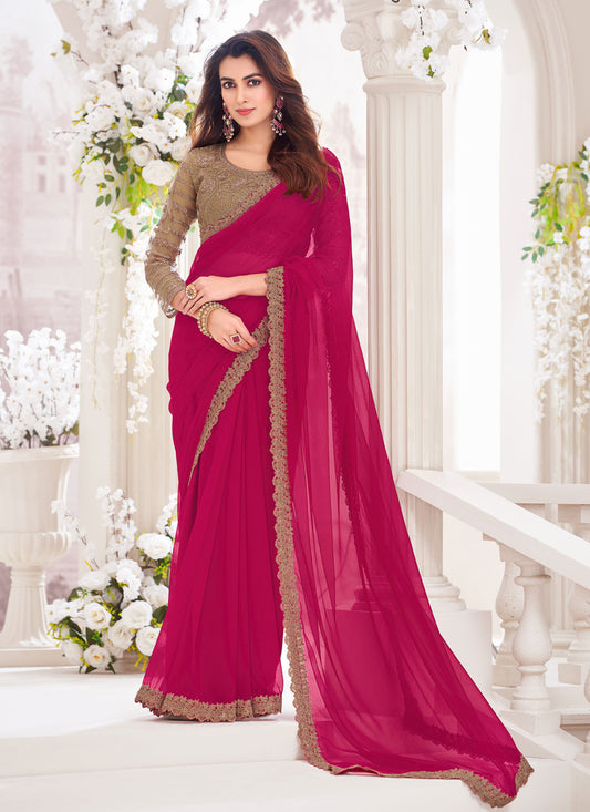 Raspberry Pink Chiffon Saree with Embroidered Blouse