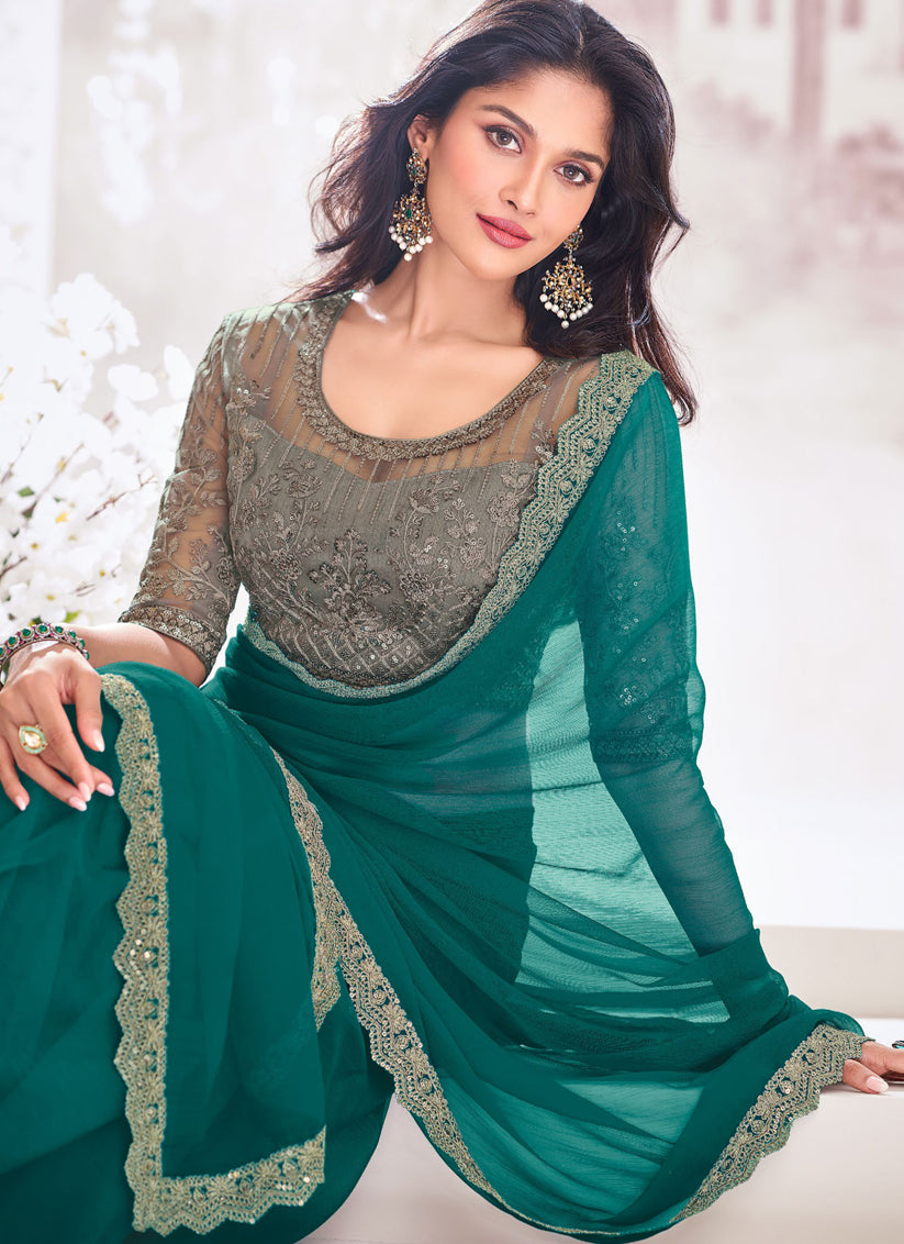 Rama Green Chiffon Saree with Embroidered Blouse