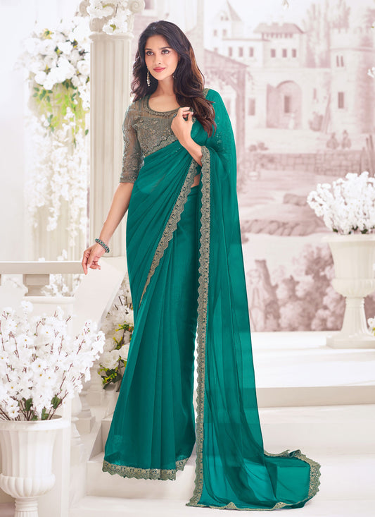 Rama Green Chiffon Saree with Embroidered Blouse