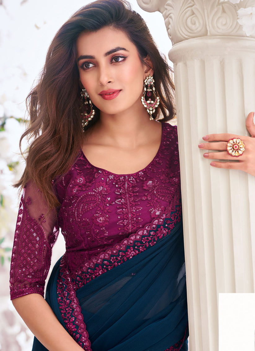 Midnight Blue Chiffon Saree with Embroidered Blouse