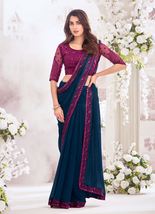 Midnight Blue Chiffon Saree with Embroidered Blouse