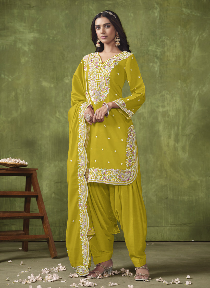 Chartreuse Green Roman Silk Embroidered Patiala Kameez