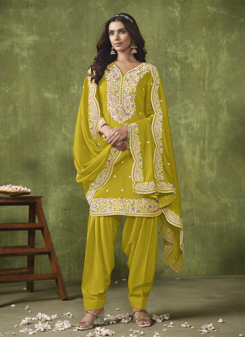 Chartreuse Green Roman Silk Embroidered Patiala Kameez