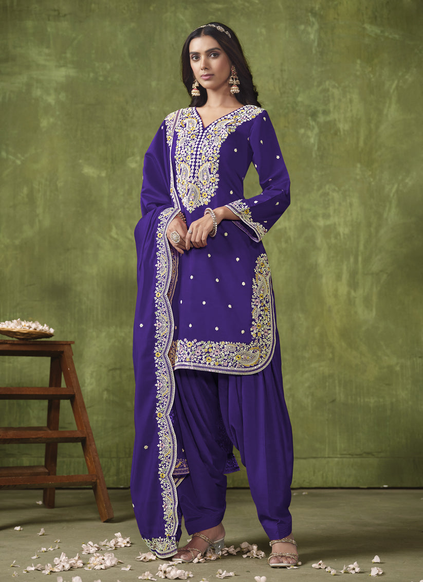 Violet Roman Silk Embroidered Patiala Kameez