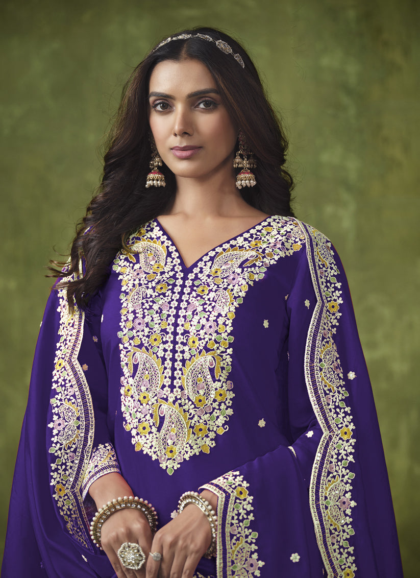 Violet Roman Silk Embroidered Patiala Kameez