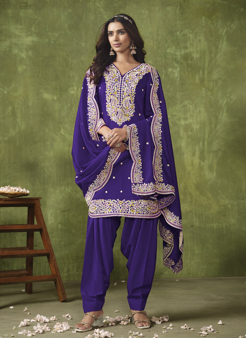 Violet Roman Silk Embroidered Patiala Kameez