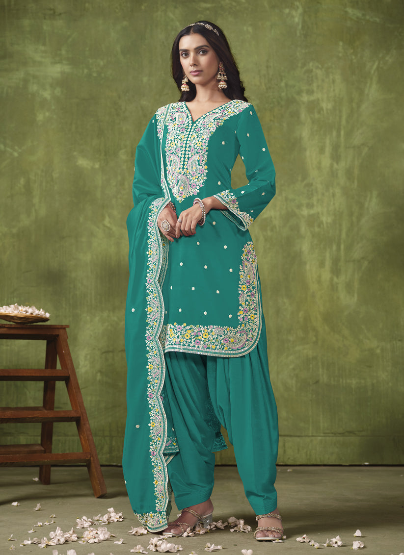 Rama Green Roman Silk Embroidered Patiala Kameez