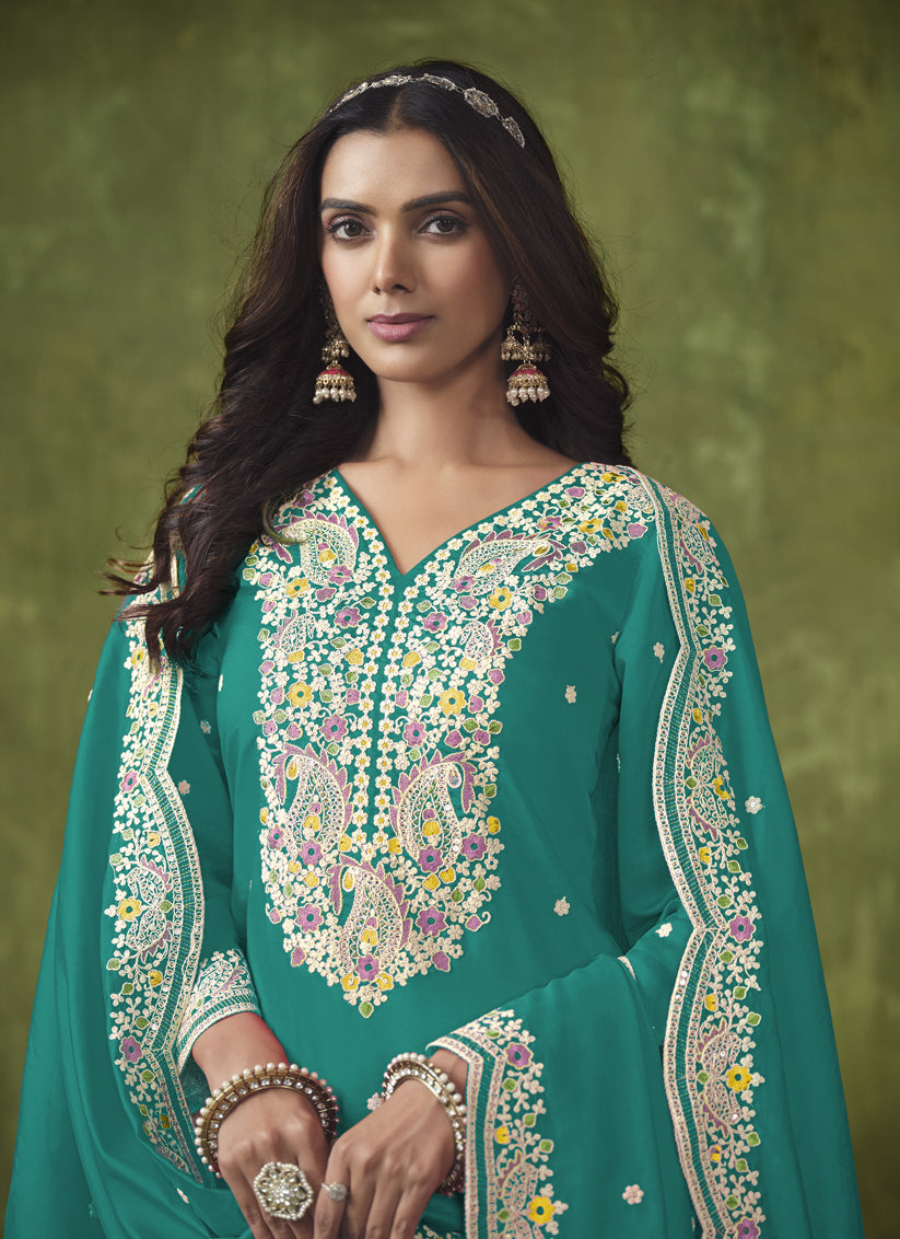 Rama Green Roman Silk Embroidered Patiala Kameez