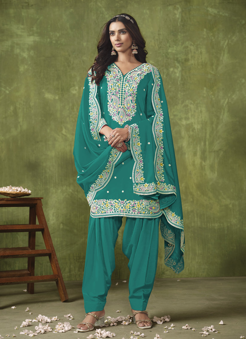 Rama Green Roman Silk Embroidered Patiala Kameez