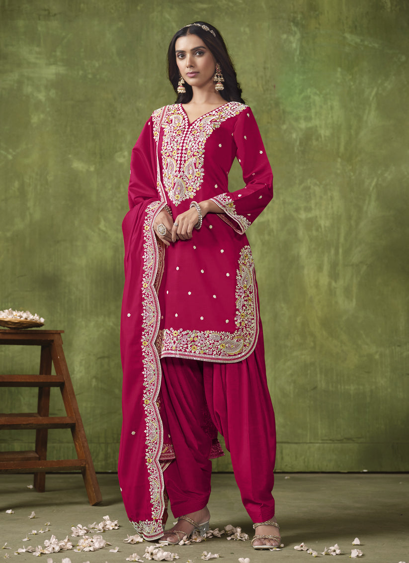 Rani Pink Roman Silk Embroidered Patiala Kameez