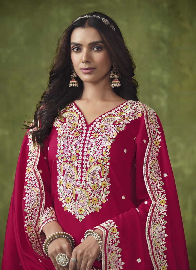 Rani Pink Roman Silk Embroidered Patiala Kameez