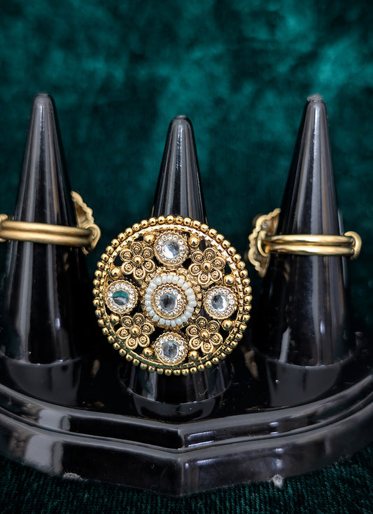 Kundan Studded and White Pearl Ring For Women
