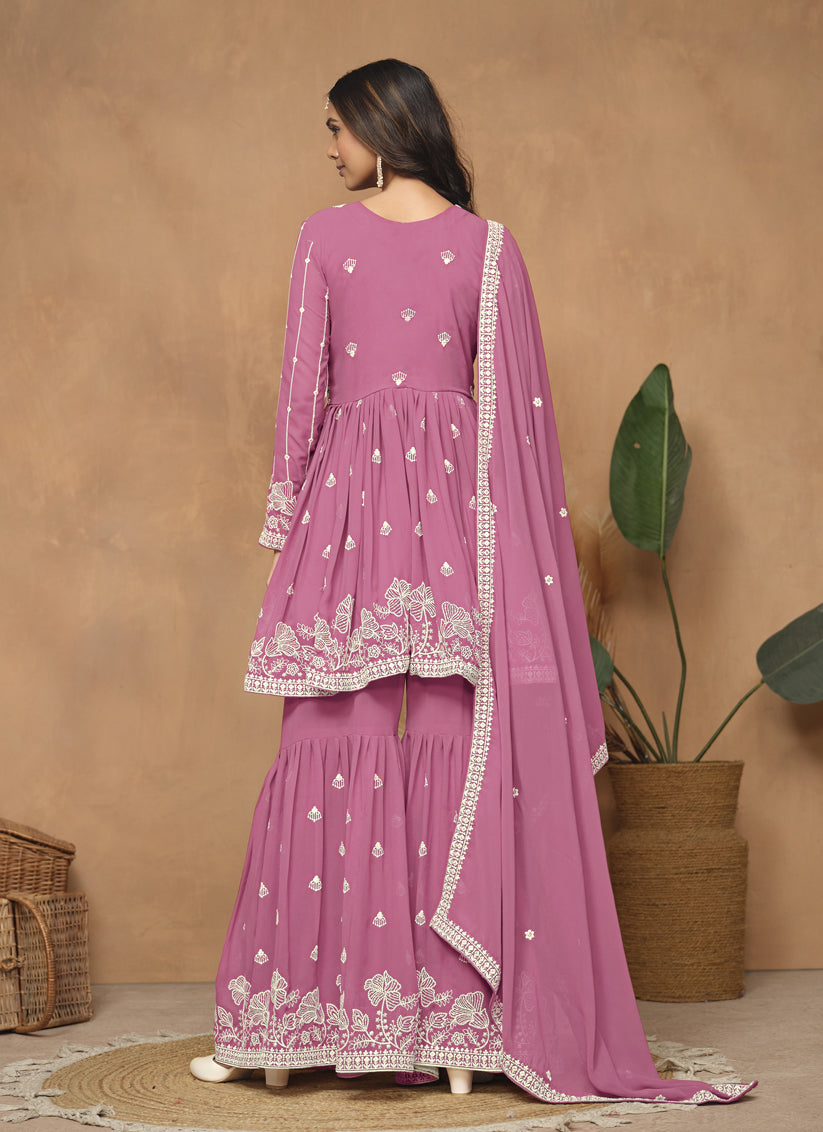 Flamingo Pink Faux Georgette Embroidered Sarara Kameez