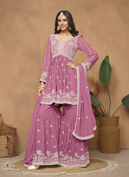 Flamingo Pink Faux Georgette Embroidered Sarara Kameez