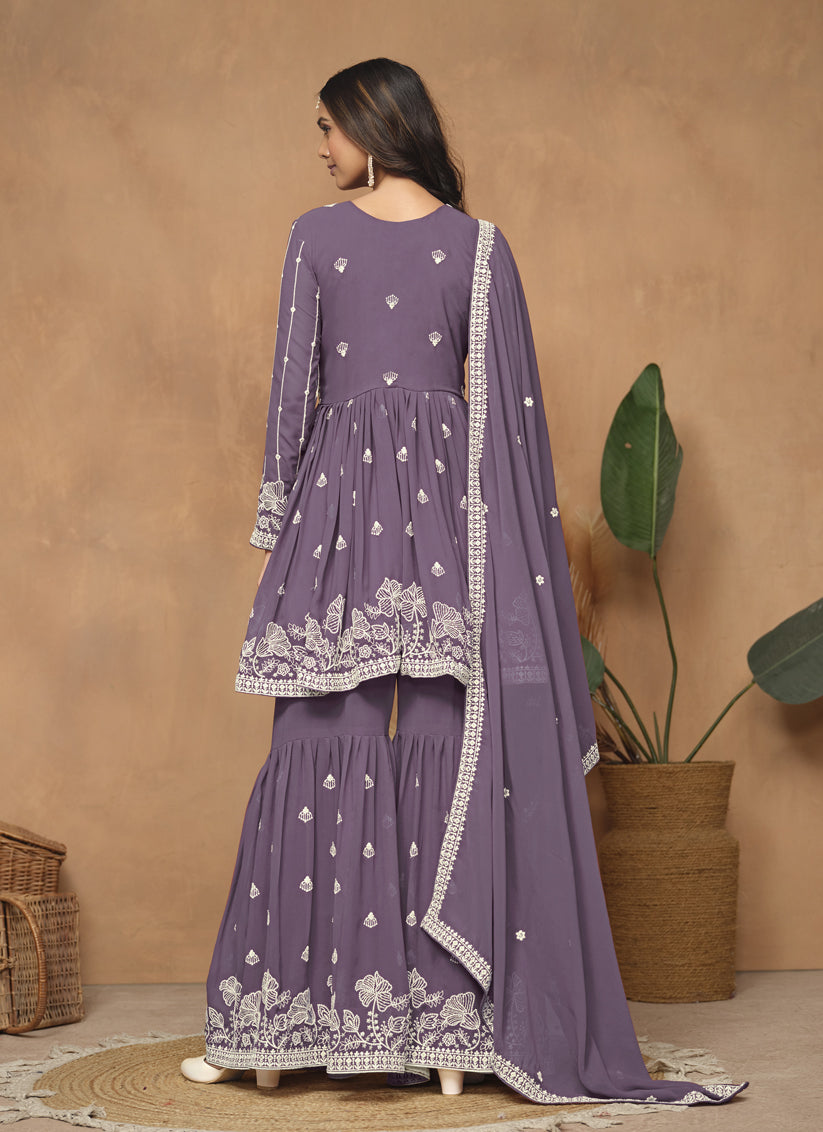 Dusty Purple Faux Georgette Embroidered Sarara Kameez