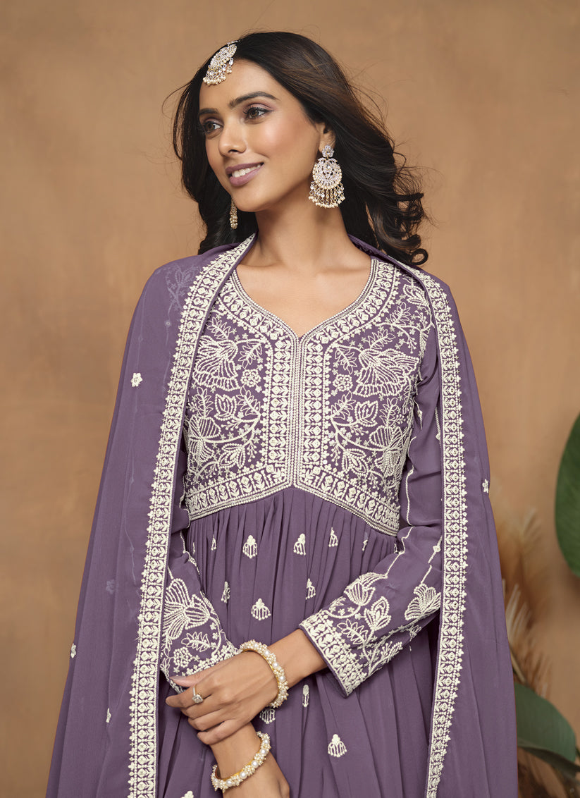 Dusty Purple Faux Georgette Embroidered Sarara Kameez