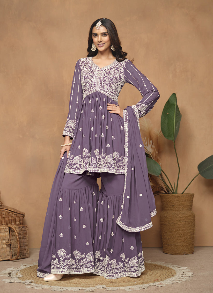 Dusty Purple Faux Georgette Embroidered Sarara Kameez