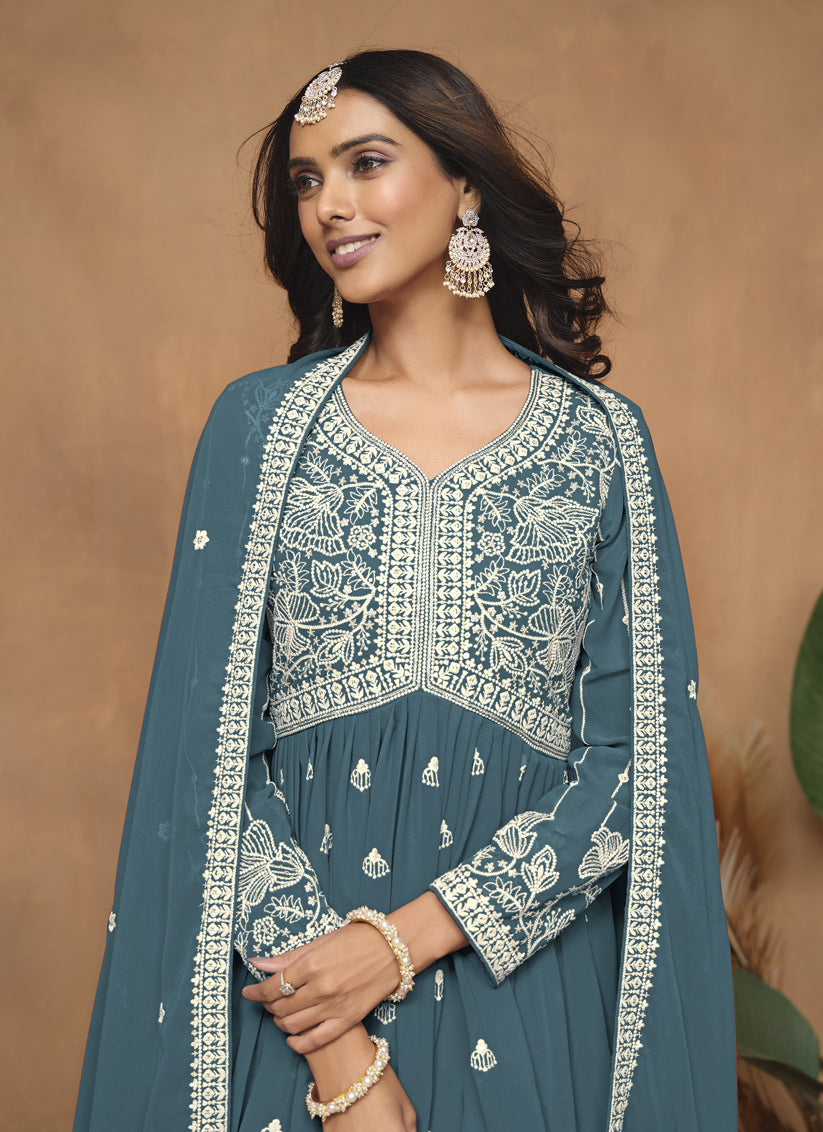 Teal Blue Faux Georgette Embroidered Sarara Kameez