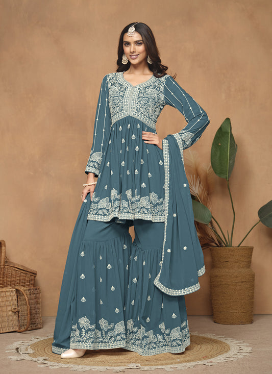 Teal Blue Faux Georgette Embroidered Sarara Kameez