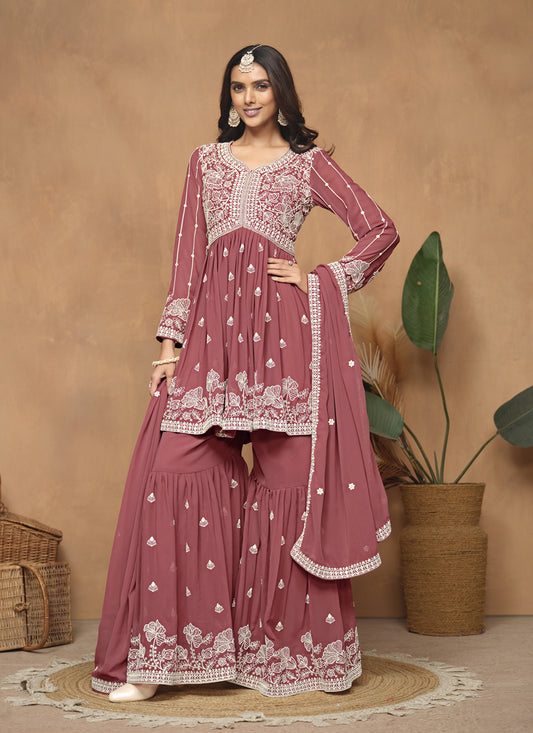 Dusty Salmon Pink Faux Georgette Embroidered Sarara Kameez