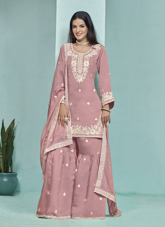 Old Rose Pink Roman Silk Embroidered Sarara Kameez For Festival