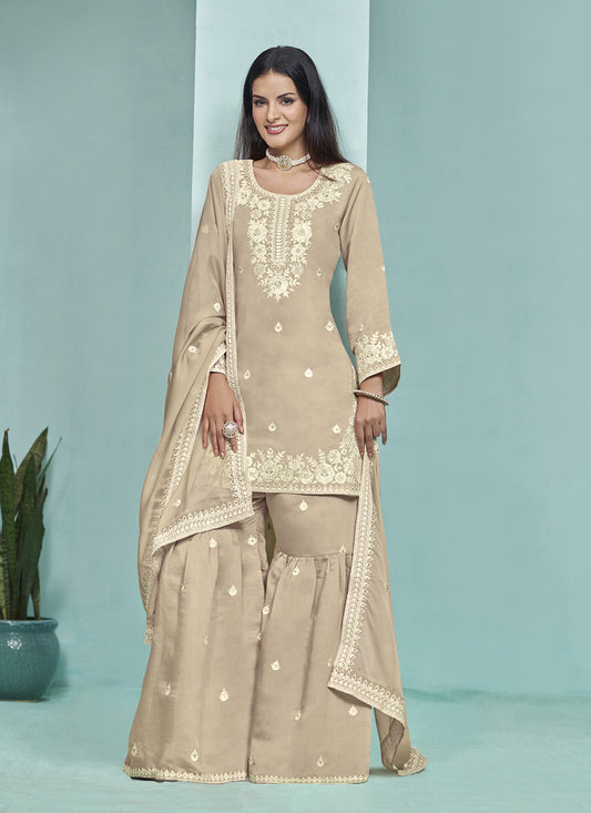 Dusty Beige Roman Silk Embroidered Sarara Kameez For Festival