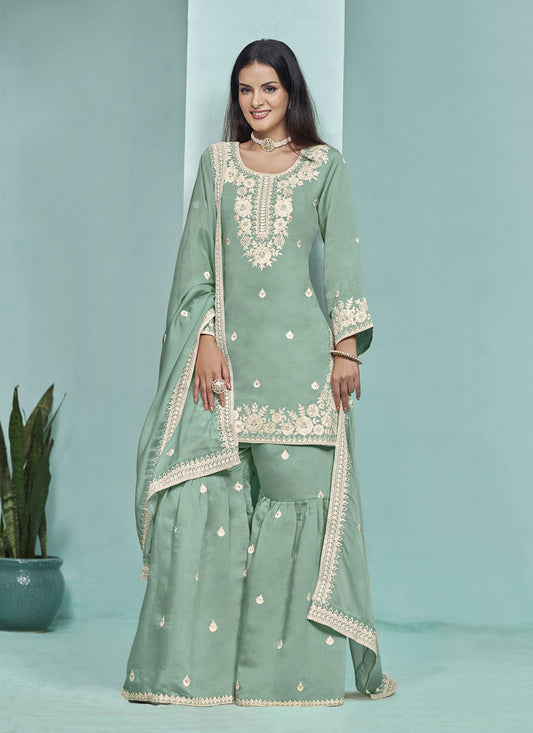 Mint Roman Silk Embroidered Sarara Kameez For Festival