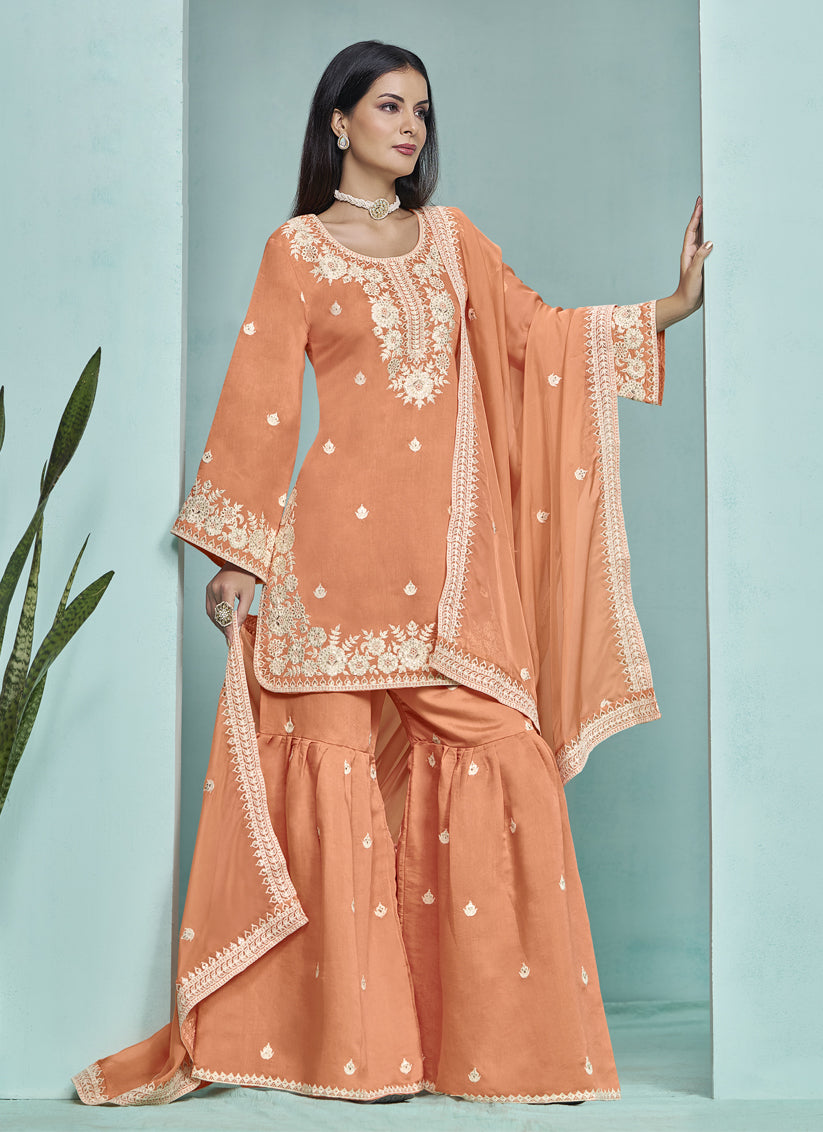 Salmon Orange Roman Silk Embroidered Sarara Kameez For Festival