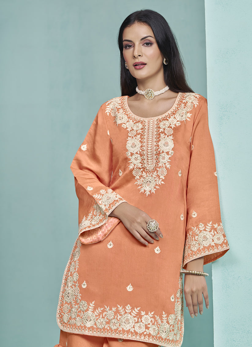 Salmon Orange Roman Silk Embroidered Sarara Kameez For Festival