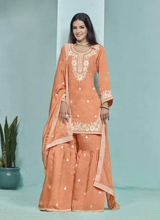 Salmon Orange Roman Silk Embroidered Sarara Kameez For Festival