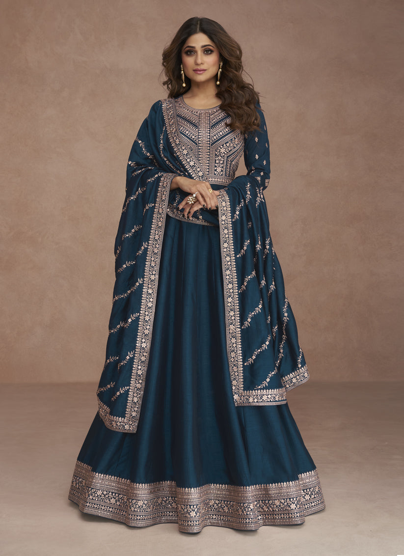 Shamita Shetty Peacock Blue Premium Silk Embroidered Churidar Kameez Suit