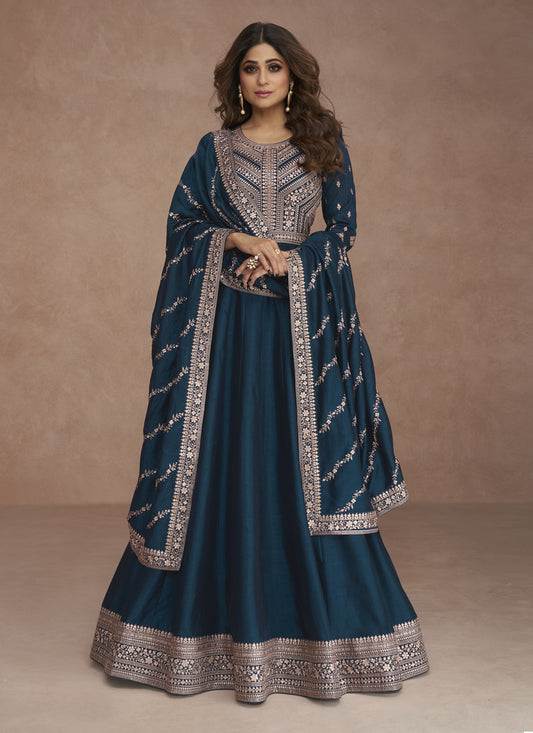 Shamita Shetty Peacock Blue Premium Silk Embroidered Churidar Kameez Suit