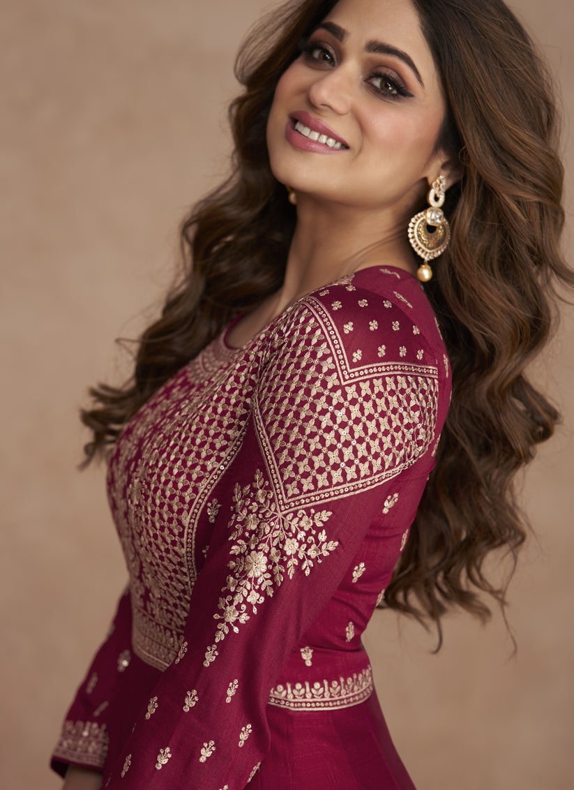 Shamita Shetty Rani Pink Premium Silk Embroidered Churidar Kameez Suit
