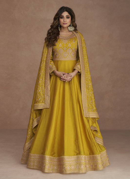 Shamita Shetty Mustard Yellow Premium Silk Embroidered Churidar Kameez Suit