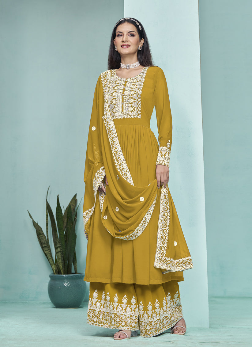 Mustard Faux Georgette Embroidered Palazzo Kameez